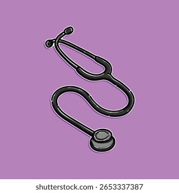 Illustration of a black stethoscope against a purple background. Perfect for medical or healthcare themes and professional materials. Suitable for designs centered around health, wellness, medicine.