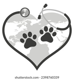 Illustration of a black stethoscope in the shape of a heart and dog paws on the background of the globe