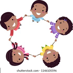 Illustration of Black Stickman Kids Holding Hands In Circle as a Group