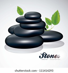 illustration of black stones with green leaves isolated on white background, vector illustration