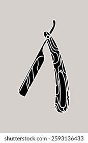 Illustration of a black straight razor with intricate patterns on a light background. Razor design emphasizes sharpness and style. Straight razor art. Isolated vector illustration.