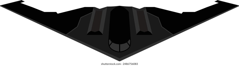 Illustration of a black strategic bomber jet seen from the front