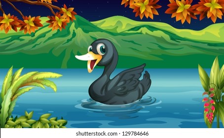 Illustration black swan at the lake