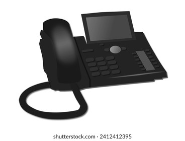 Illustration of black table phone with cord and screen lying on white background. Illustration made January 13th, 2024, Zurich, Switzerland.