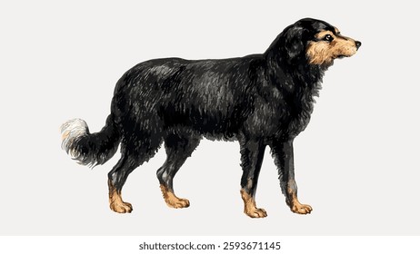 Illustration of a black and tan dog with a fluffy tail. The dog stands in profile, showcasing its fur texture. Black and tan dog with fluffy tail. Vintage animal illustration vector.