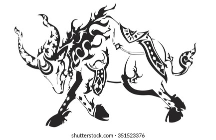 Illustration of Black taurus zodiac sign in thai tattoo style. Isolated on white background. 