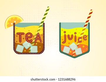 Illustration of black tea and orange juice. Idea of pocket for t-shirt. Vector. Isolated on background. Flat style.