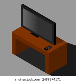 Una ilustración de un televisor negro y un control remoto negro sobre una mesa marrón con un fondo gris