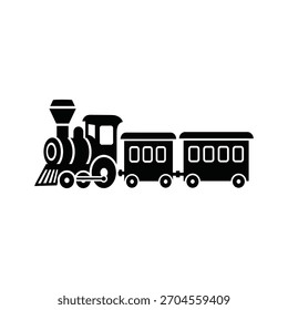 Abbildung eines schwarzen Zuges mit zwei Personenwagen einzeln auf einer klassischen Dampflokomotive