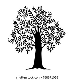 illustration of black tree with leaves, isolated nature symbol, silhouette sign vector