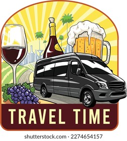 illustration of a black van traveling through the city made of wine bottles and beer glasses. describe a vacation to the cities of the Netherlands by visiting the many pubs and bars