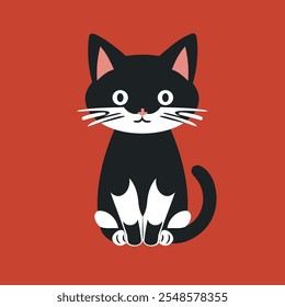 illustration of a black vector cat with a white fur mix and red background