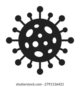 Illustration of a black virus cell with protrusions on a white background symbolizing disease and health risks