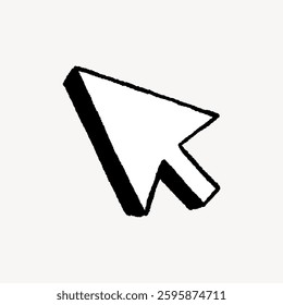 Illustration of a black and white 3D cursor arrow. The cursor arrow is bold and simple. The 3D cursor arrow is a common icon in digital interfaces. Vector illustration.