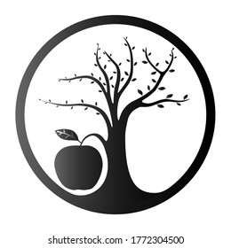 Illustration. A black and white Apple tree with a huge fruit in a circle. the celebration of Apple feast day.