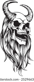 Illustration der schwarz-weißen Kunst Tattoo eines Schädels mit langen Haaren und Hörnern