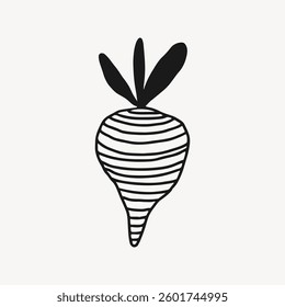 Illustration of a black and white beet. The beet has stripes and leaves. Simple beet design. Beet drawing with bold lines. Minimalist art. Doodle illustration vector.