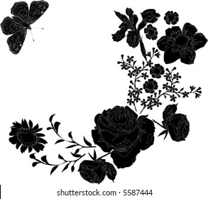 illustration with black and white butterfly and different flowers decoration