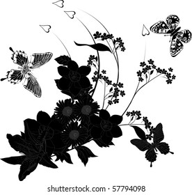 ilustración con mariposa negra y blanca y decoración de flores diferentes