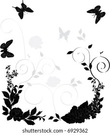 illustration with black and white butterfly and different flowers decoration