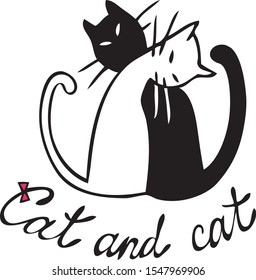 illustration of a black and white cat snuggled together. The inscription on a white background