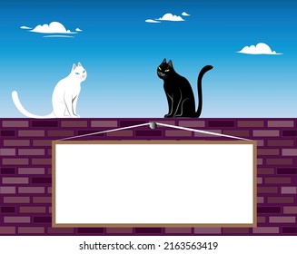 Illustration of a black and white cat. Two cats, black and white, are sitting on a brick wall. Clouds are floating in the sky. There is a board on the wall for any cute message.