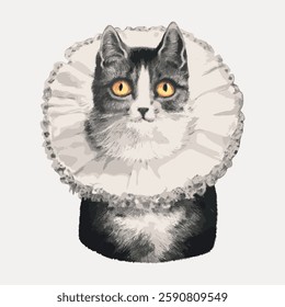 Illustration of a black and white cat wearing a ruffled collar. The cat's bright eyes and detailed fur are prominent. Artistic cat portrait with a vintage feel. Vintage animal illustration vector.