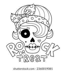 Illustration in black and white of a Catrina with a rocker hairstyle and a polka dot headband with a bow, with the text Rock or treat, Halloween drawing, coloring page