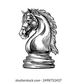 illustration of a black and white chess horse in an engraving style