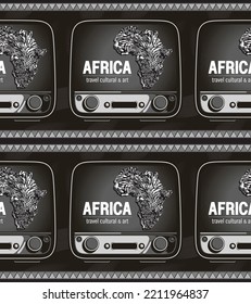 Illustration Black And White Color African Patterned Map On Tv, Travel Cultural And Art, Tribal, Zebra, Tiger Wild Animals Pattern Traditional Concept, Wallpaper Template, Banner Website Design