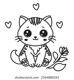 illustration of Black And White Coloring Book With Bold Lines, Cute Animal Kitty