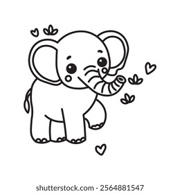 illustration of Black And White Coloring Book With Bold Lines, Cute Animal Elephant