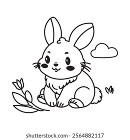 illustration of Black And White Coloring Book With Bold Lines, Cute Animal Bunny