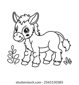 illustration of Black And White Coloring Book With Bold Lines, Cute Animal Donkey