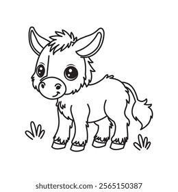 illustration of Black And White Coloring Book With Bold Lines, Cute Animal Donkey