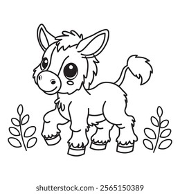 illustration of Black And White Coloring Book With Bold Lines, Cute Animal Donkey