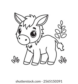 illustration of Black And White Coloring Book With Bold Lines, Cute Animal Donkey