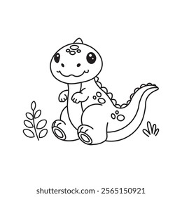 illustration of Black And White Coloring Book With Bold Lines, Cute Animal Dino