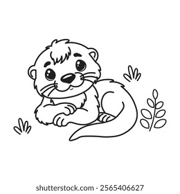 illustration of Black And White Coloring Book With Bold Lines, Cute Animal otter