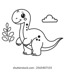 illustration of Black And White Coloring Book With Bold Lines, Cute Animal Brontosaurus