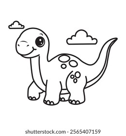 illustration of Black And White Coloring Book With Bold Lines, Cute Animal Brontosaurus