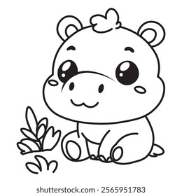 illustration of Black And White Coloring Book With Bold Lines, Cute Animal Hippo