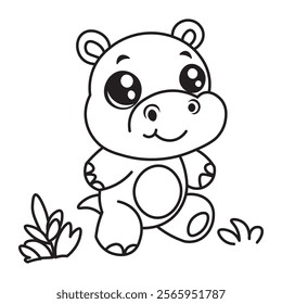 illustration of Black And White Coloring Book With Bold Lines, Cute Animal Hippo