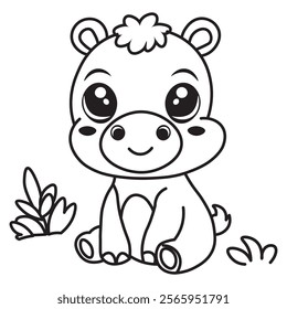 illustration of Black And White Coloring Book With Bold Lines, Cute Animal Hippo