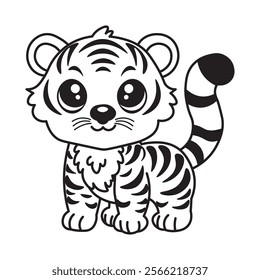 illustration of Black And White Coloring Book With Bold Lines, Cute Animal Tiger