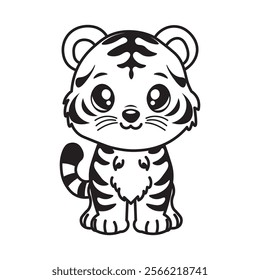illustration of Black And White Coloring Book With Bold Lines, Cute Animal Tiger