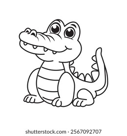 illustration of Black And White Coloring Book With Bold Lines, Cute Animal Alligator