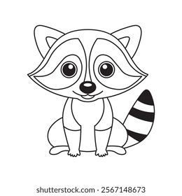 illustration of Black And White Coloring Book With Bold Lines, Cute Animal Rakoon