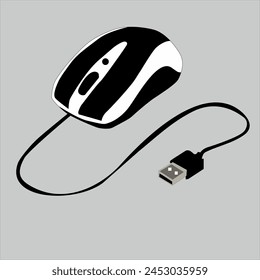 illustration of a black and white computer mouse with a black cable