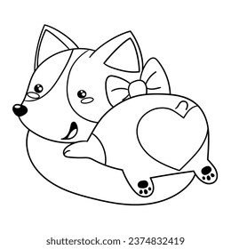 Illustration in black and white of a corgi dog lying on the ground showing its heart shaped butt and wearing a blue bow on its neck, coloring page
